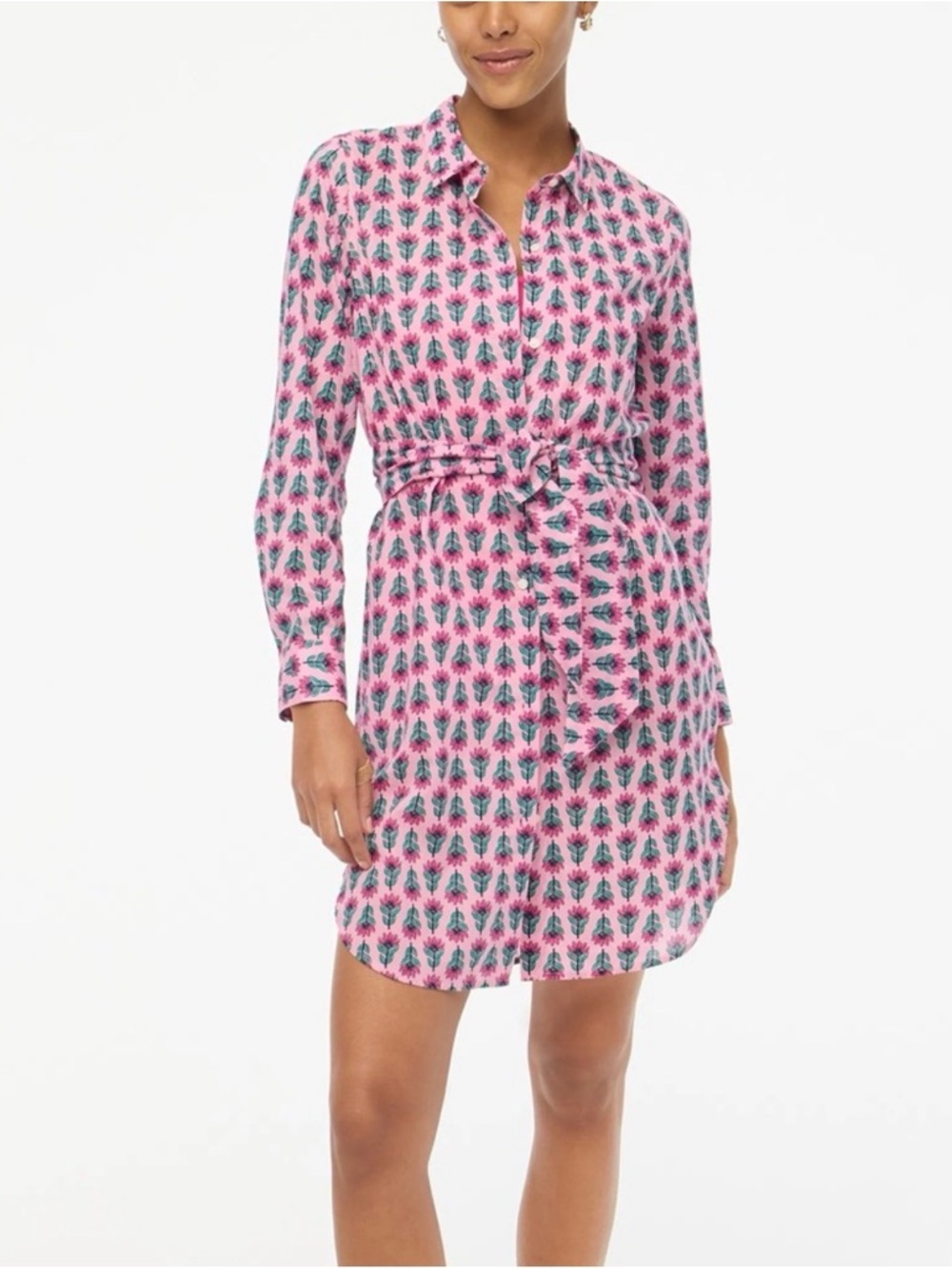 J. Crew Factory Pink Shirt Dress with Green Palm Print